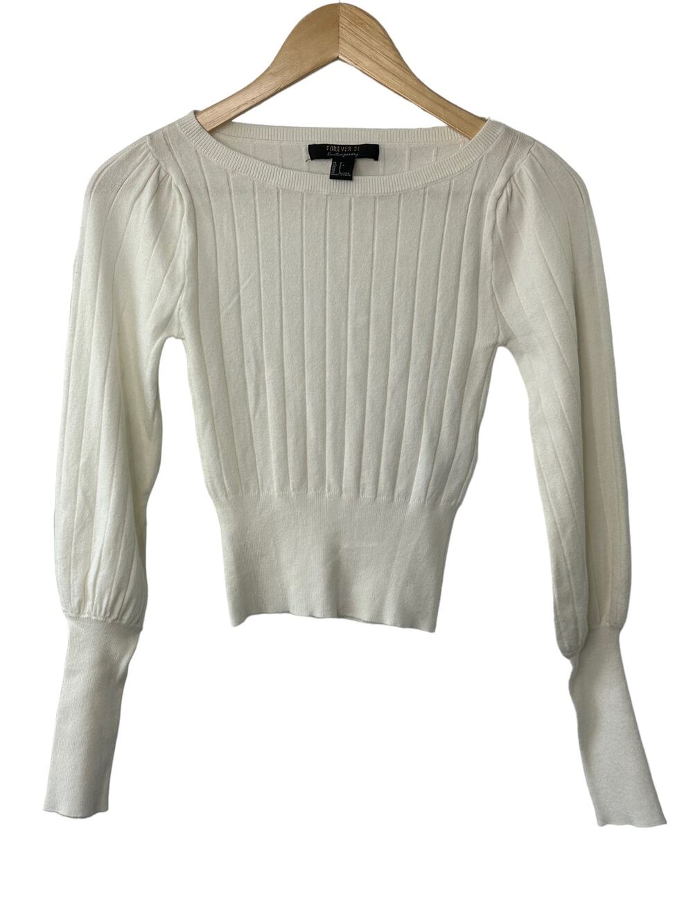Forever 21 Contemporary White Lightweight Ribbed Sweater Balloon Sleeves  Small